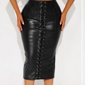 Black Faux Leather Lace-Up Midi Pencil Skirt